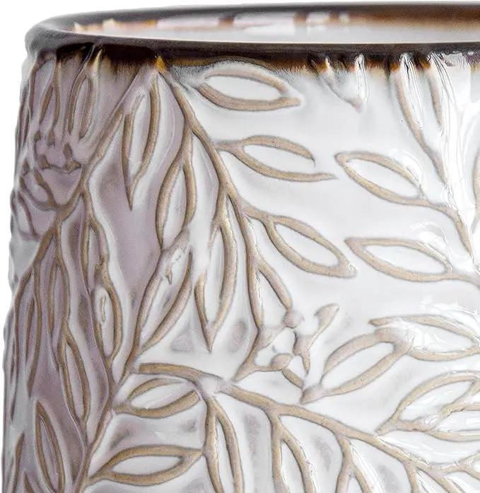 D'vine Dev 4 Inch Embossed Leaves Stoneware Planter Pot with Drainage Hole and Saucer, Smoked White, Set of 1, 27-A-Z-1 by GreenHaven Gardens