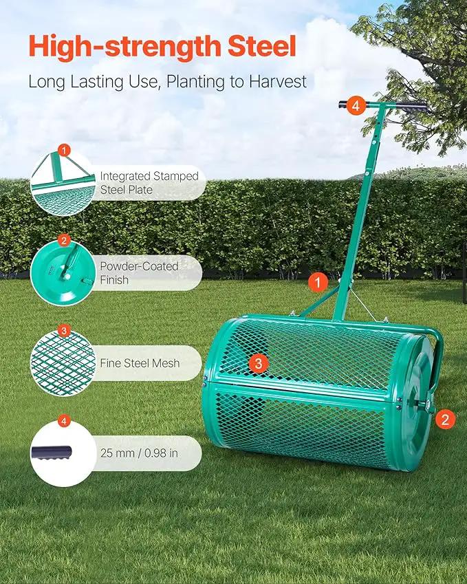 VEVOR Compost Spreader, 24 in Wide Peat Moss Spreader with Push/Tow Handle, 4 Heights Adjustable, Powder-Coated Steel Garden Peat Moss Roller, Heavy Duty Grass Seed Spreaders for Planting Seeding by GreenHaven Gardens