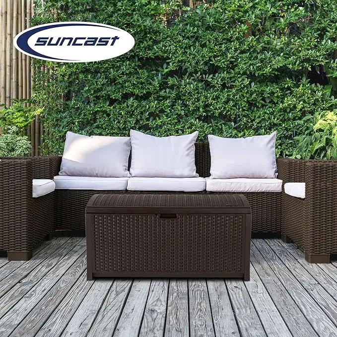 Suncast Outdoor Storage Box - 73 Gallon Mocha Brown Deck Box for Patio, Waterproof Outdoor Storage Bench, Resin Wicker Style, Heavy-Duty, Lockable Lid for Cushions, Shoes, Pool & Garden Gear by GreenHaven Gardens