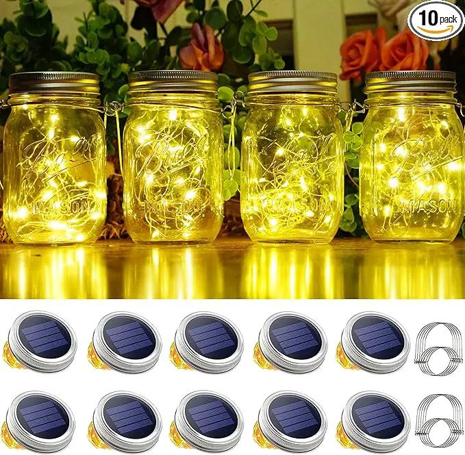 SmilingTown 10 Pack 30 LED Solar Mason Jar Lid String Lights,Fairy Lights Including 10 Pcs Hangers,for Indoor Outdoor Wedding Patio Garden Party Decorations Gift(No Jars) (Warm White) by GreenHaven Gardens