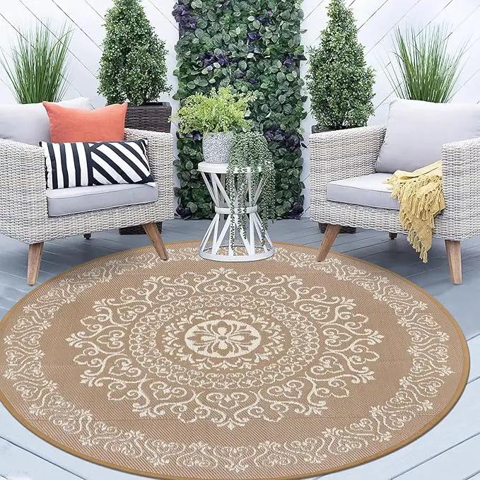Pauwer Waterproof Outdoor Rug 6ft, Reversible Plastic Straw Patio Camping Rug, Indoor Outdoor RV Mat Carpet for Deck, Camper, Porch, Balcony, Backyard, Picnic, Floral Brown by GreenHaven Gardens