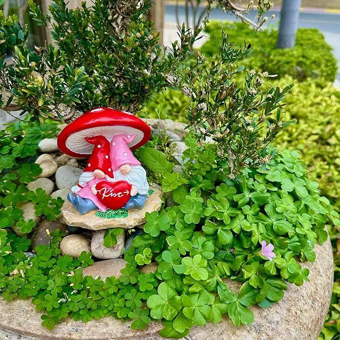 Garden Pink Tiny Gnome Couple Statue with Red Heart Mushroom Funny Outdoor Resin Figurines Home Decorations Valentine’s Day Housewarming Ornament Gift by GreenHaven Gardens