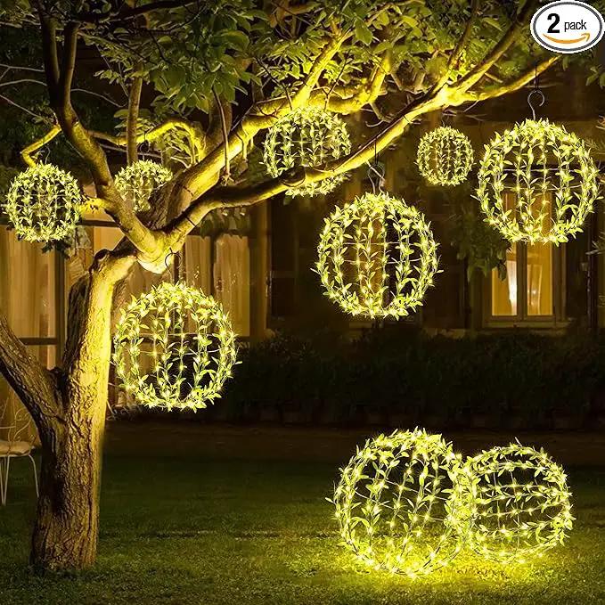 Joomer Solar Hanging Lights Outdoor, 2 Pack 12in 120 LED Solar Globe Lights, 8 Modes Waterproof Foldable Metal Sphere Light with Hook for Garden Yard Porch Decor-Warm White (Ball with Green Leaf) by GreenHaven Gardens