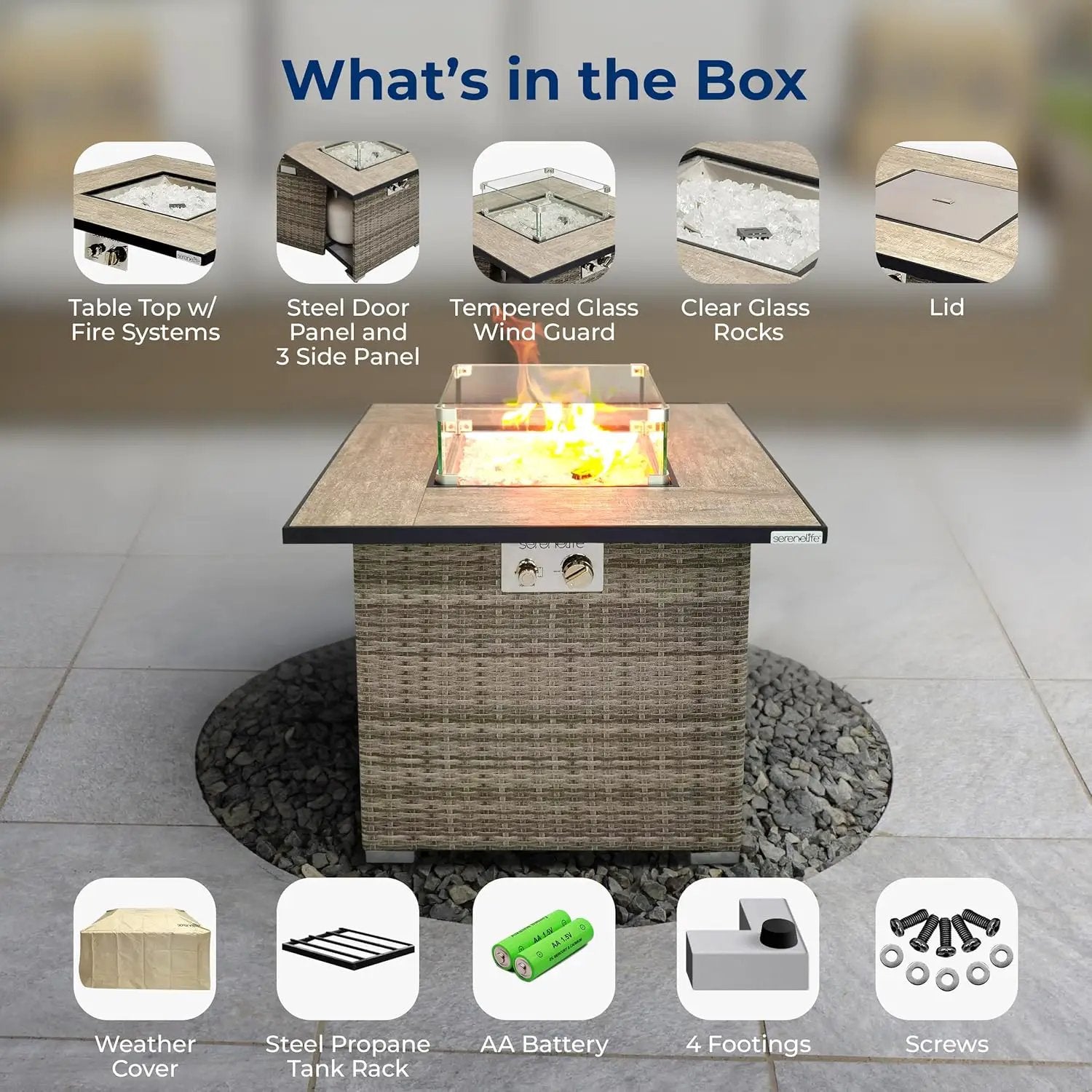 SereneLife Outdoor Propane Fire Pit Table - CSA/ETL Certified Safe 50,000 BTU Pulse Ignition Weatherproof Square Wicker Propane Gas Fire Table w/Tile Tabletop Adjustable Flame - Glass Rocks by GreenHaven Gardens