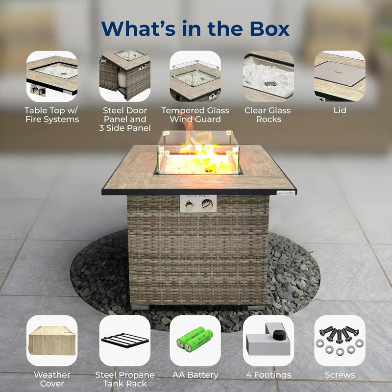 SereneLife Outdoor Propane Fire Pit Table - CSA/ETL Certified Safe 50,000 BTU Pulse Ignition Weatherproof Square Wicker Propane Gas Fire Table w/Tile Tabletop Adjustable Flame - Glass Rocks by GreenHaven Gardens