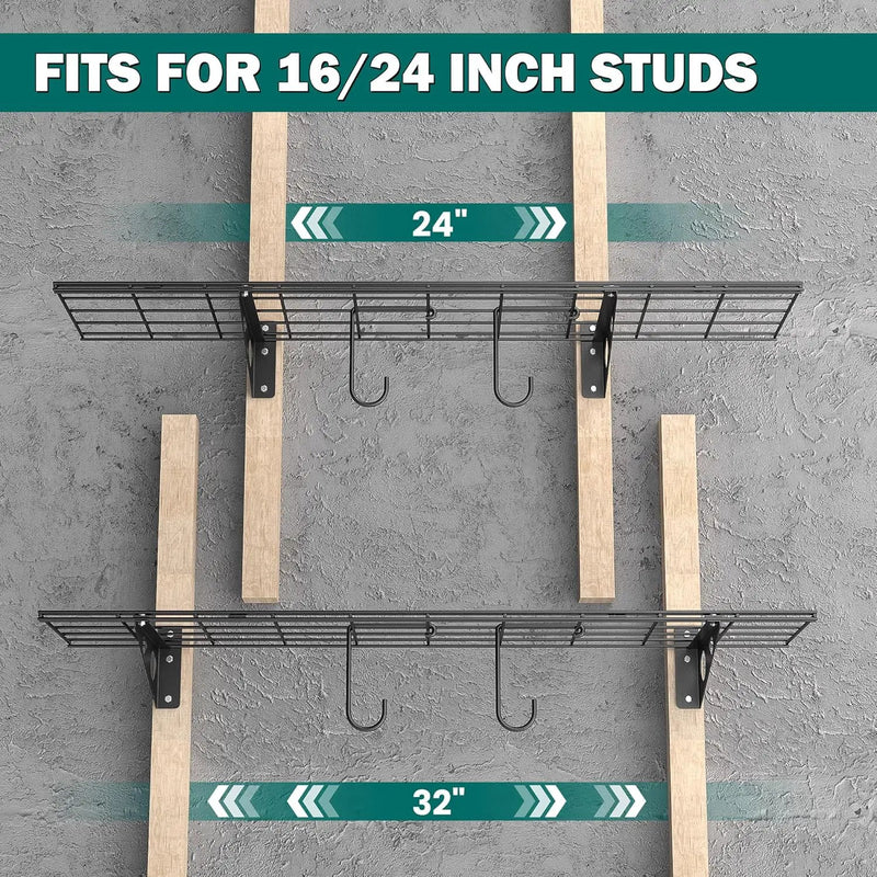 EVERHANGER Garage Wall Shelves, 12 X 48 Inch Wall Mounted Storage Shelves, Heavy Duty Metal Shelving with Hooks, 2 Pack, Black by GreenHaven Gardens