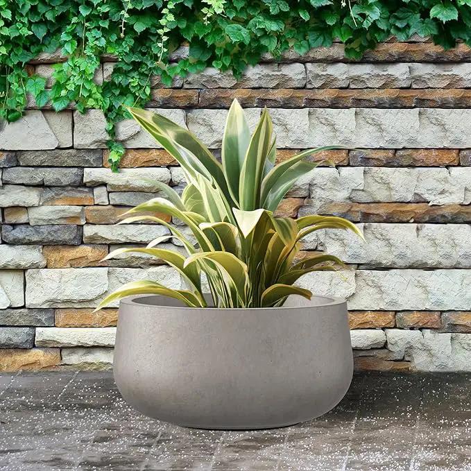 Kante 15.7" Dia Round Concrete Planter, Outdoor Indoor Garden Plant Pots with Drainage Hole and Rubber Plug, Modern Curvaceous Design, Weathered Concrete by GreenHaven Gardens
