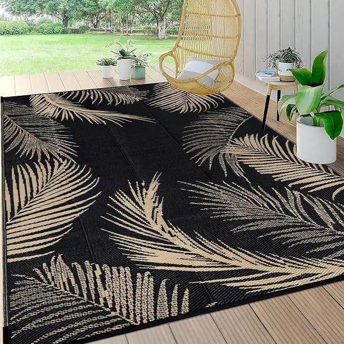 Pauwer Waterproof Outdoor Rug 6x9, Reversible Plastic Straw Patio Camping Rug, Indoor Outdoor RV Mat Carpet for Deck, Camper, Porch, Balcony, Backyard, Picnic, Leaf Black Brown by GreenHaven Gardens