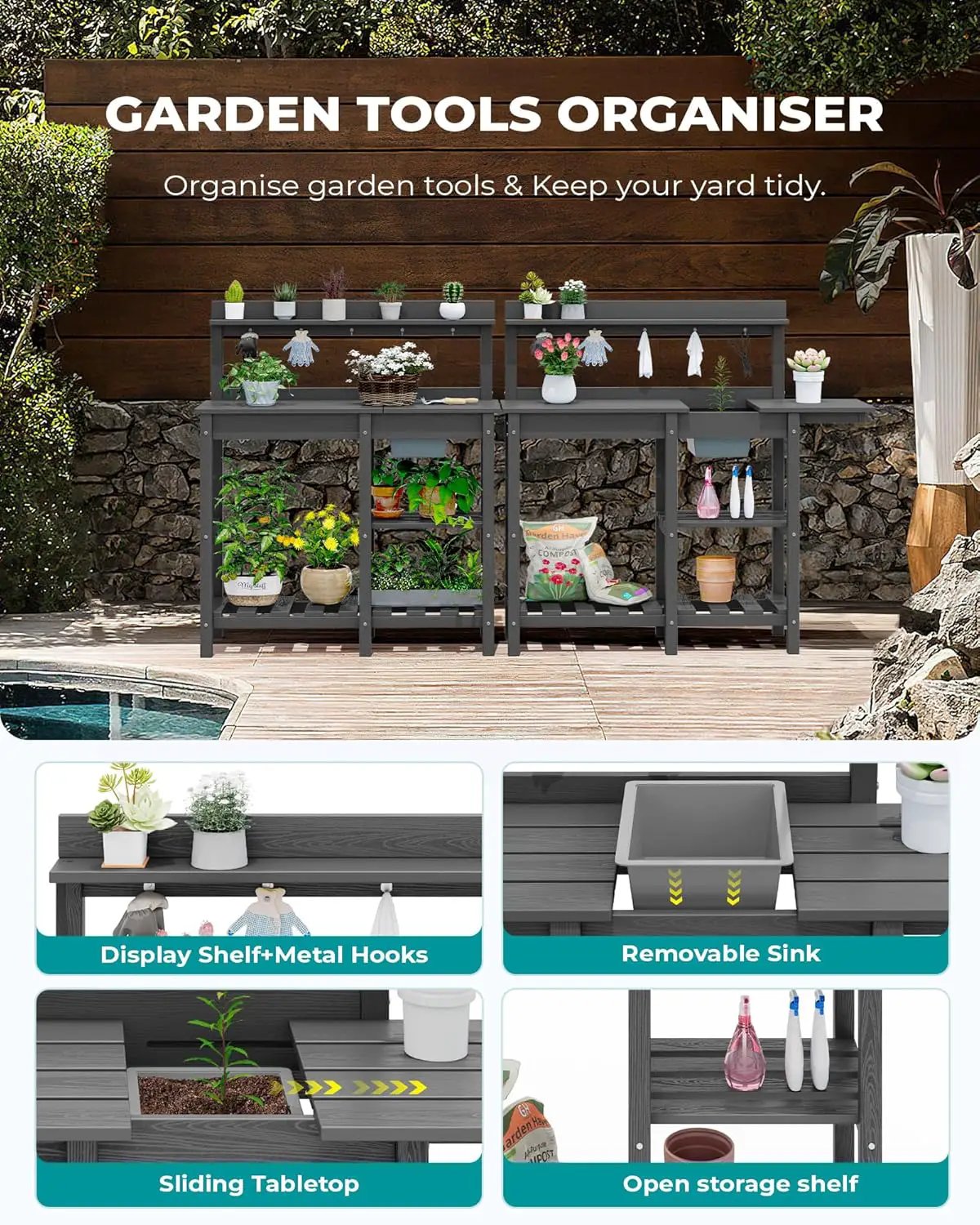SERWALL Potting Bench Outdoor Potting Table with Sink, HDPE Potting Benches for Outside Gardening Table All Weather Use- Gray by GreenHaven Gardens