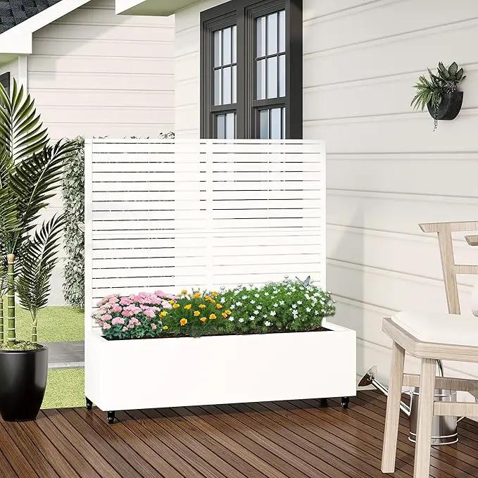 Casaphoria Metal Raised Garden Bed with Trellis and Wheels, 47"x47"x16" Planter Box for Climbing Plants, Vegetables & Vines, Features Drainage Holes and Privacy Screen (White-Louvered) by GreenHaven Gardens