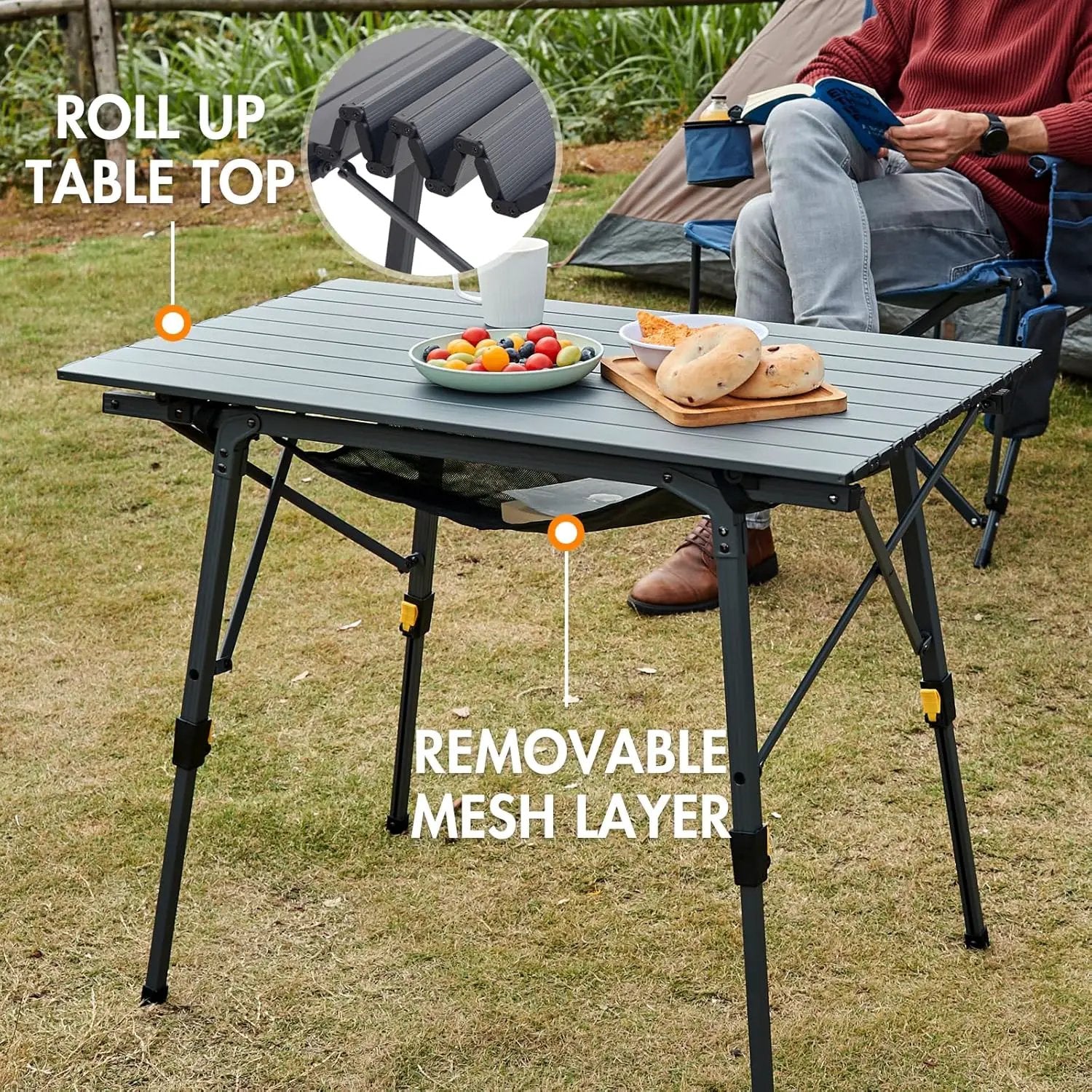 PORTAL Outdoor Folding Portable Picnic Camping Table with Adjustable Height Aluminum Roll Up Table Top Mesh Layer, Dark Gray by GreenHaven Gardens