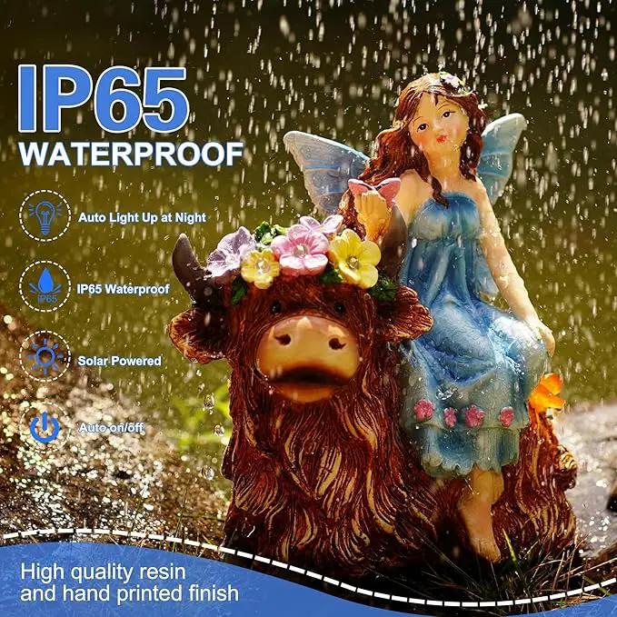 Solar Angel Garden Statue - Garden Fairy Sitting on a Highland Cow with Flowers, Butterflies and 5 LED Lights - Decorate Table, Terrace, Lawn, Birthdays, Grandma, mom by GreenHaven Gardens