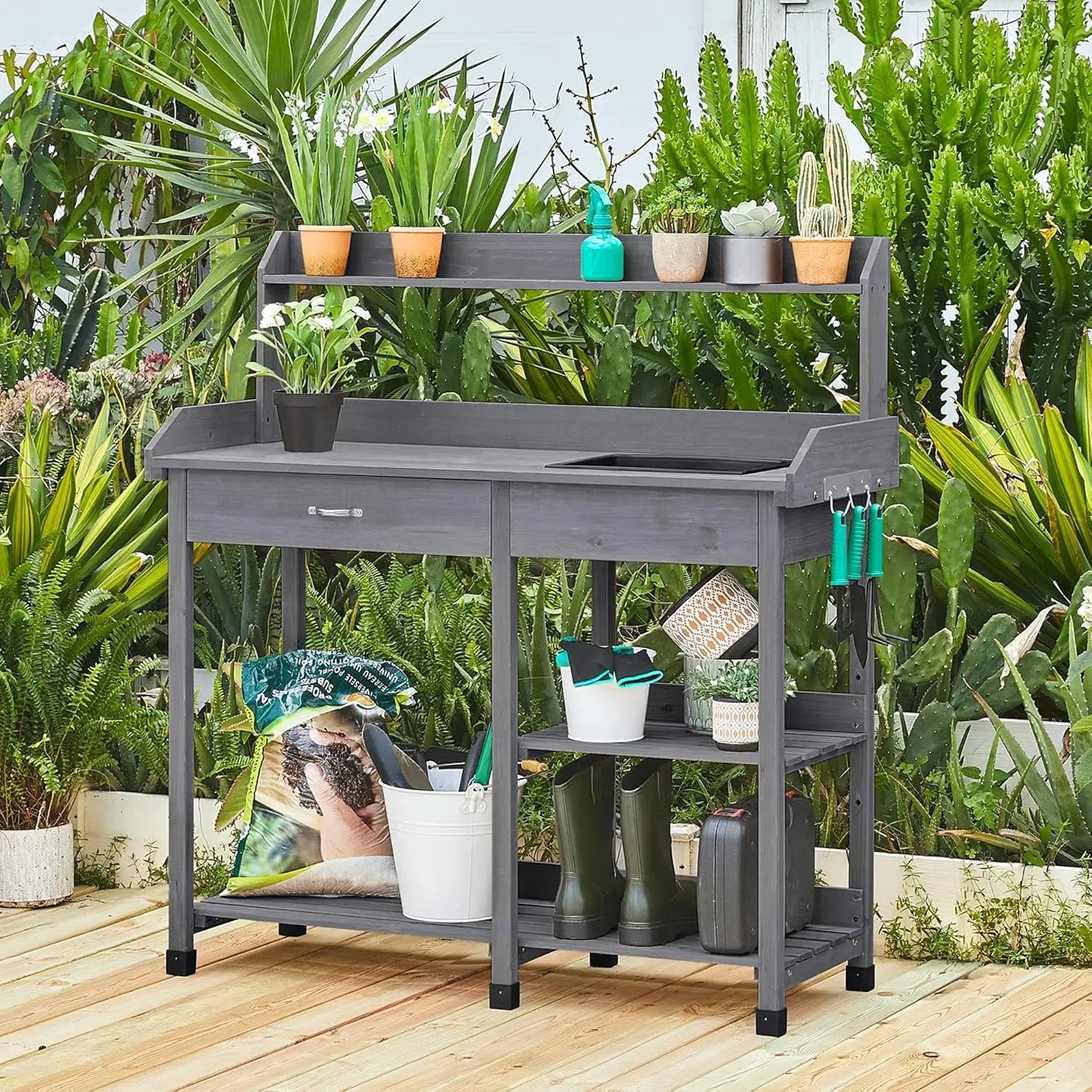 Yaheetech Outdoor Potting Bench Table Potters Benches Garden Workstation for Horticulture with Drawer/Adjustable Shelf Rack/Removable Sink/Hooks/Pads, Gray by GreenHaven Gardens