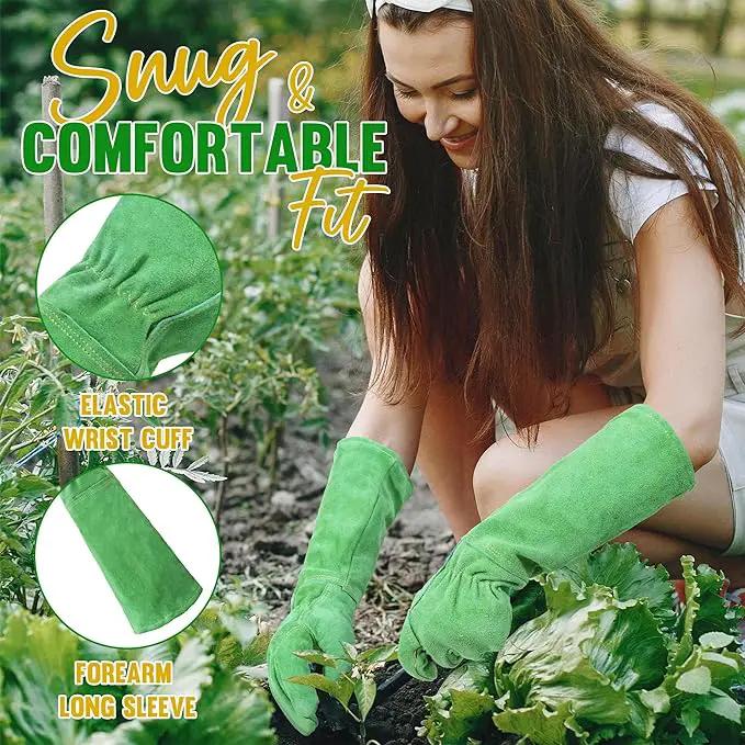 HANDLANDY Leather Gardening Gloves, Thorn Proof Long Gauntlet Heavy Duty Garden Gloves, Elbow Length Rose Pruning Weeding Yard Glove (Medium, Green) by GreenHaven Gardens