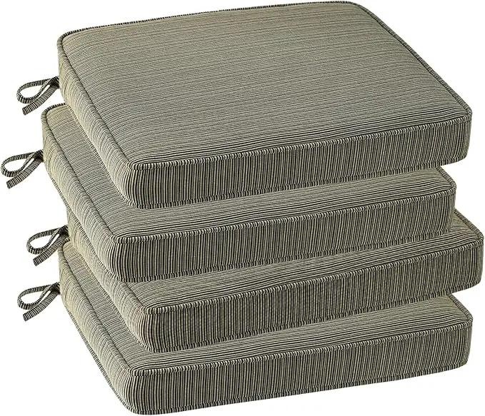 Outdoor Square Corner Seat Cushion, 18.5"x16"x3", Set of 4, Non Slip Seat Cushion Pads with Removable Cover for Patio Furniture, Garden Yard Lawn, Dark Black Tan Stripe by GreenHaven Gardens