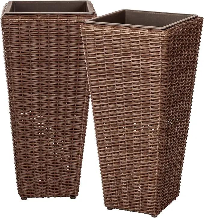 Patio Sense 62501 Alto Wicker All-Weather Planter Set with Liners Tall Plant Decor Box for Outdoors Patio Herb Garden Furnishings - Mocha - Pack of 2 by GreenHaven Gardens