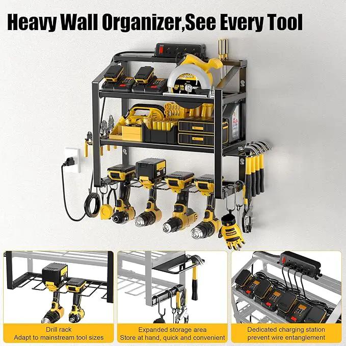 Power Tool Organizer With Charging Station, Heavy Duty Steel 4 Slots, Tool Battery Holder with 4 Outlet Power Strip, Easy To Install Garage Storage Rack for Workshop/Shed Gift For Men by GreenHaven Gardens