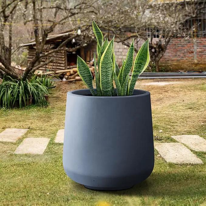 Kante 15.3" Dia Round Concrete Planter, Outdoor Indoor Large Plant Pots Containers with Drainage Hole and Rubber Plug for Home Garden Patio, Charcoal by GreenHaven Gardens