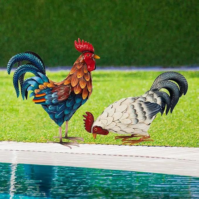 Shorayn Metal Rooster Statues, Outdoor Garden Statues, Metal Chicken Decor, Garden Sculptures & Statues, Chicken Ornaments Yard Art for Backyard Patio Lawn Decorations, Set of 2 by GreenHaven Gardens