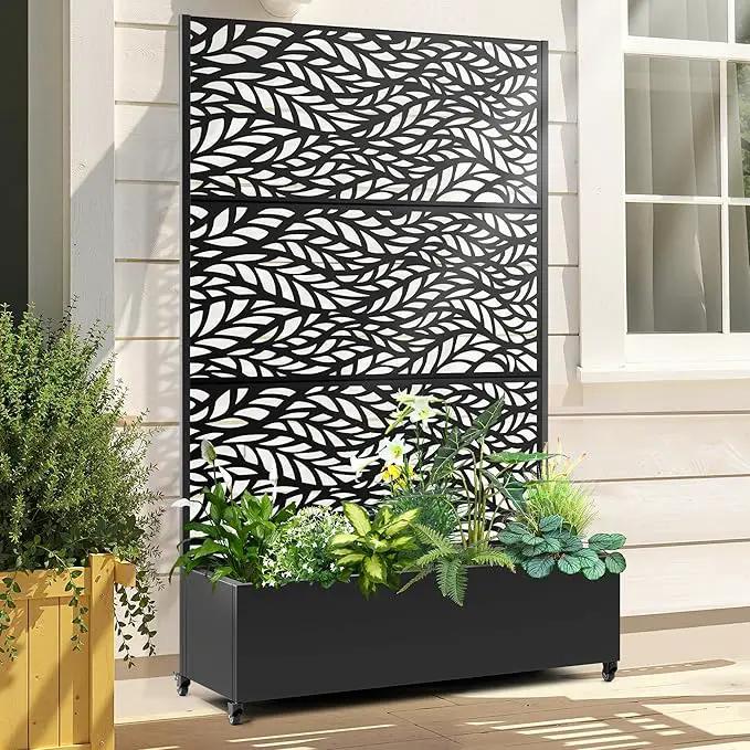 Raised Garden Bed with Trellis and Wheels,73"x47"x16" Metal Raised Garden Bed,Black Flowing Leaf Metal Planter with Climbing Trellis for Vines & Vegetables by GreenHaven Gardens