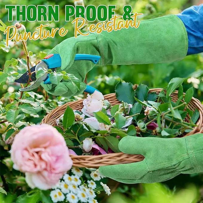 HANDLANDY Leather Gardening Gloves, Thorn Proof Long Gauntlet Heavy Duty Garden Gloves, Elbow Length Rose Pruning Weeding Yard Glove (Medium, Green) by GreenHaven Gardens