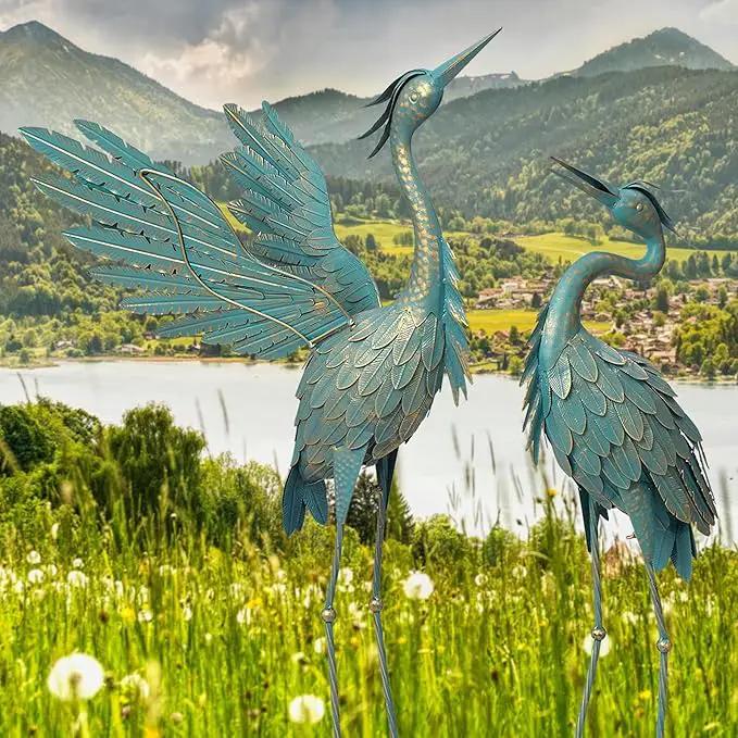 Crane Statues for Outdoor, Metal Heron Garden Statues Bird Yard Art, Standing Sculptures for Yard Lawn Pond Garden Decor, 38-42 Inch Set of 2, Cyan by GreenHaven Gardens