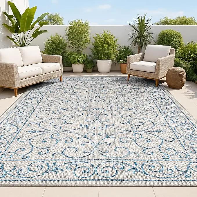 JONATHAN Y SMB106C-9 Charleston Vintage Filigree Textured Weave Indoor Outdoor Area Rug Classic Coastal Easy Cleaning Bedroom Kitchen Backyard Patio Non Shedding, 9 X 12, Gray/Navy by GreenHaven Gardens