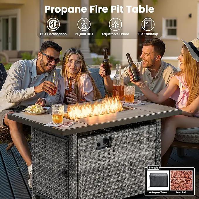 ovios 6 Pieces Patio Furniture Set with 42" Fire Pit Table, Outdoor Wicker Sofa with Ottomans, Comfy Cushions, High Back Couch Conversation Set, Grey Rattan, Denim Blue by GreenHaven Gardens