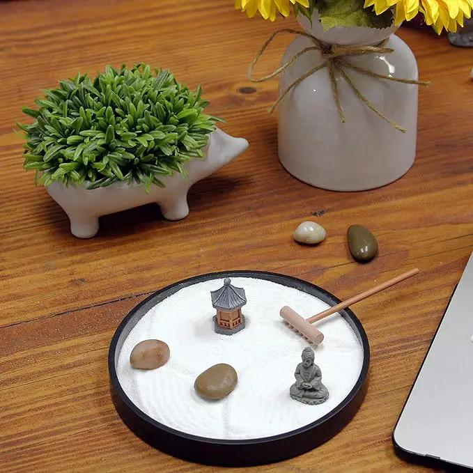 Nature's Mark Mini Zen Garden Kit for Desk with Rake, White Sand, Black Round Base, Miniature Pagoda Figure, River Rocks and Miniature Buddha Figure (6Lx6W Round B) by GreenHaven Gardens