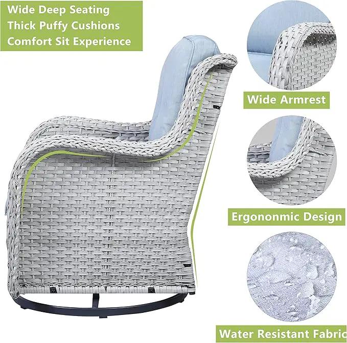 Outdoor Patio Swivel Rocker Chairs - 3 Piece Patio Bistro Set,Wicker Patio Furniture Set with 2 Swivel Rocking Chairs and 1 Glass Top Side Table for Deck Porch Garden,Light Grey/SkyBlue by GreenHaven Gardens