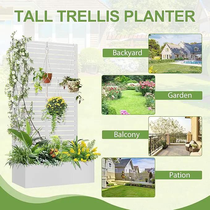 Trellis for Climbing Plants Outdoor，Mental Garden Bed with Drainage Holes Outdoor Privacy Screen Design Tall planters for herb Flower Vegetables 73"x35"x16", White-Louvered by GreenHaven Gardens