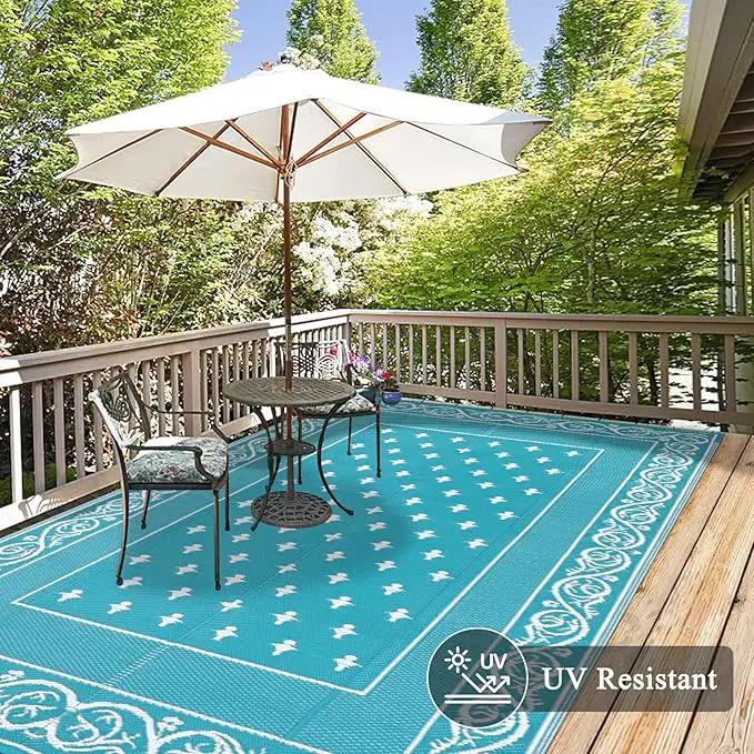 Pauwer Waterproof Outdoor Rug 8x10, Reversible Plastic Straw Patio Camping Rug, Indoor Outdoor RV Mat Carpet for Deck, Camper, Porch, Balcony, Backyard, Picnic, Bordered Teal by GreenHaven Gardens