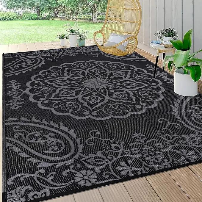 Pauwer Waterproof Outdoor Rug 8x10, Reversible Plastic Straw Patio Camping Rug, Indoor Outdoor RV Mat Carpet for Deck, Camper, Porch, Balcony, Backyard, Picnic, Boho Black Grey by GreenHaven Gardens
