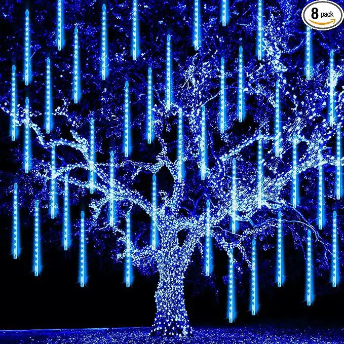 TW SHINE Christmas Lights Outdoor, 288 LED 12" 8 Tubes Meteor Shower Lights Outdoor Christmas Decorations Plug in, Waterproof Snow Falling Rain Icicle Xmas Lights for Tree Decor, Blue by GreenHaven Gardens