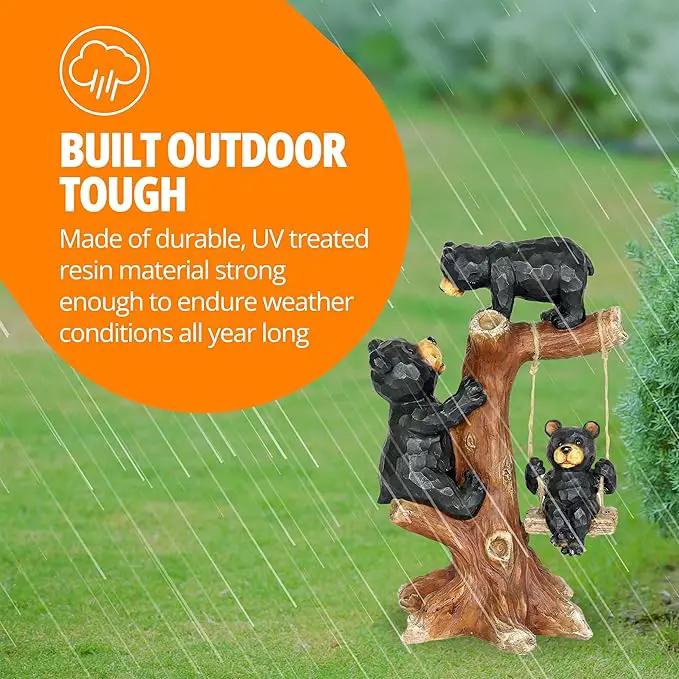 Exhart Garden Sculpture, Bear Family Tree Garden Statue with Real Swing, Outdoor Lawn and Yard Art Decoration, 9 x 6.5 x 14 Inch by GreenHaven Gardens