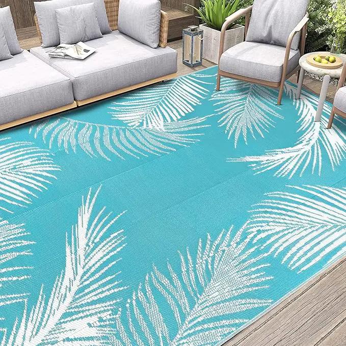 Pauwer Waterproof Outdoor Rug 10x14, Reversible Plastic Straw Patio Camping Rug, Indoor Outdoor RV Mat Carpet for Deck, Camper, Porch, Balcony, Backyard, Picnic, Leaf Teal by GreenHaven Gardens