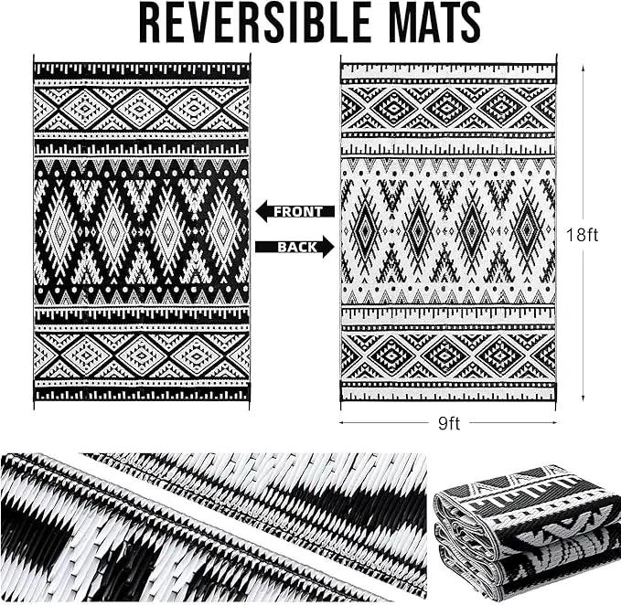 OLANLY Outdoor Rug Waterproof 9x18 ft, Reversible Outdoor Plastic Straw Rug, Boho Patio Rug, Indoor Outdoor Carpet, RV Mat Outside for Patio, Camp, Picnic, Balcony, Deck, Backyard, Black & White by GreenHaven Gardens