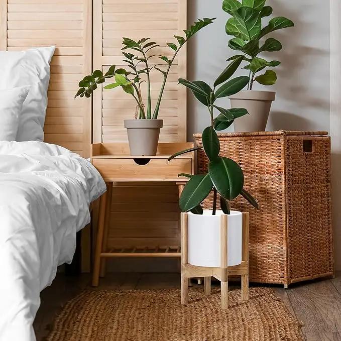D'vine Dev Planter Pot with Stand - 8 Inch Plastic Cylinder Flower Pot with Wood Planter Holder for Indoor, Matte White Pot + Natural Stand, 55-C-J-1 by GreenHaven Gardens