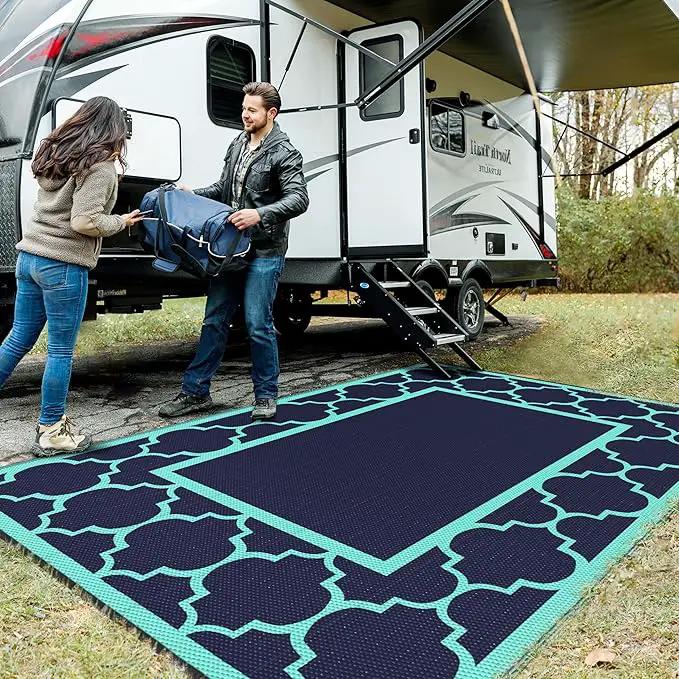 GENIMO 6' x 9' Outdoor Rug Waterproof for Patio Decor, Foldable Reversible Plastic Straw Area Rugs Mat for Camper, Outside Carpet for Rv, Deck, Porch, Picnic, Beach, Balcony, Navy Blue & Jade Green by GreenHaven Gardens