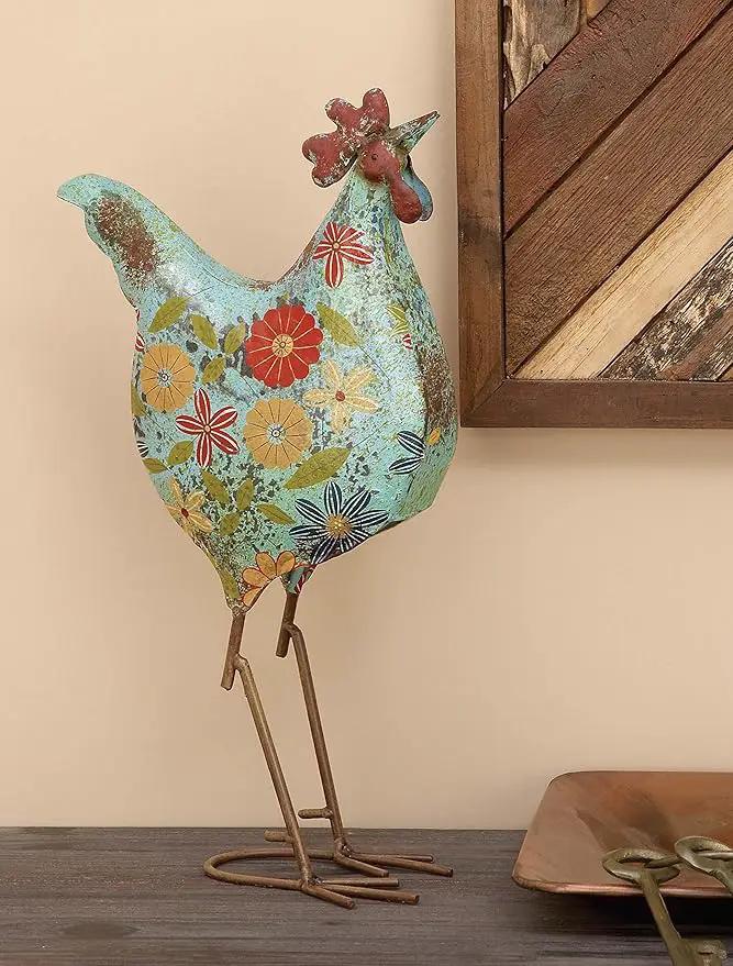 Deco 79 Metal Rooster Decorative Garden Sculpture Indoor Outdoor Distressed Standing Garden Statue with U Shaped Feet, Outdoor Sculpture 10" x 5" x 17", Green by GreenHaven Gardens