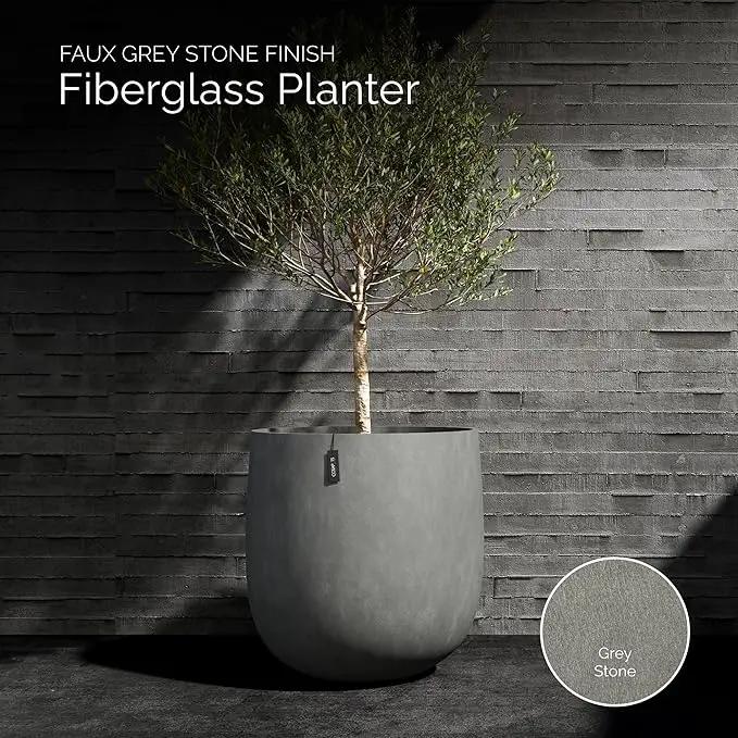 Mondo Large Planter – Grey Stone Finish – Fiberglass Indoor/Outdoor and Weather-Resistant Round Planter (26" D x 24.6" H Exterior, 24.6" D x 24" H Interior) by GreenHaven Gardens