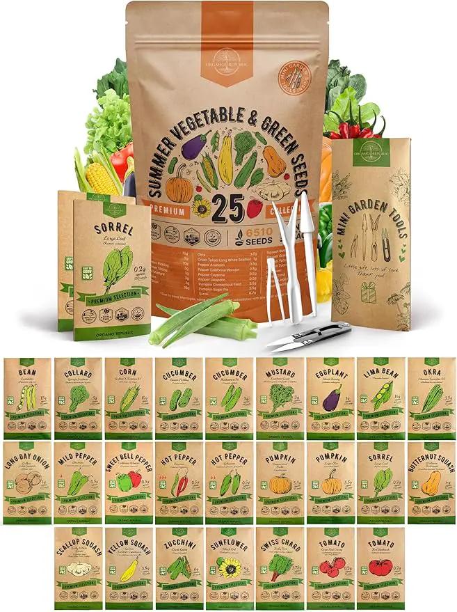 Organo Republic 25 Summer Vegetable Garden Seed Variety Pack - 6,510+ Non-GMO Heirloom Veggie & Greens Seeds for Outdoors & Indoor Home Garden, Including Collards, Pepper, Okra, Onion, Bean, Cucumber by GreenHaven Gardens
