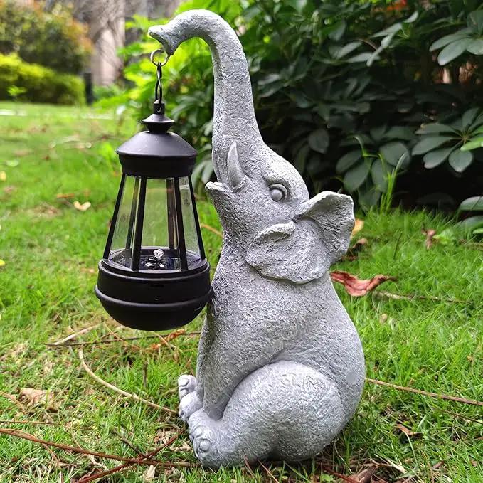 Elephant Solar Garden Statues,Resin Elephant Figurine Decorations with Solar Lights Lantern, Outdoor Elephant Decor Art for Lawn,Yard, Unique Housewarming Gift for Garden Home, VY-0617 by GreenHaven Gardens