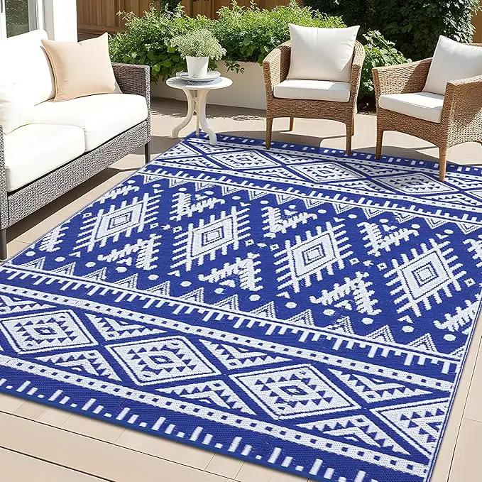OLANLY Outdoor Rug Waterproof 8x10 ft, Reversible Outdoor Plastic Straw Rug, Boho Patio Rug, Indoor Outdoor Carpet, RV Mat Outside for Patio, Camp, Picnic, Balcony, Deck, Backyard, Blue & White by GreenHaven Gardens