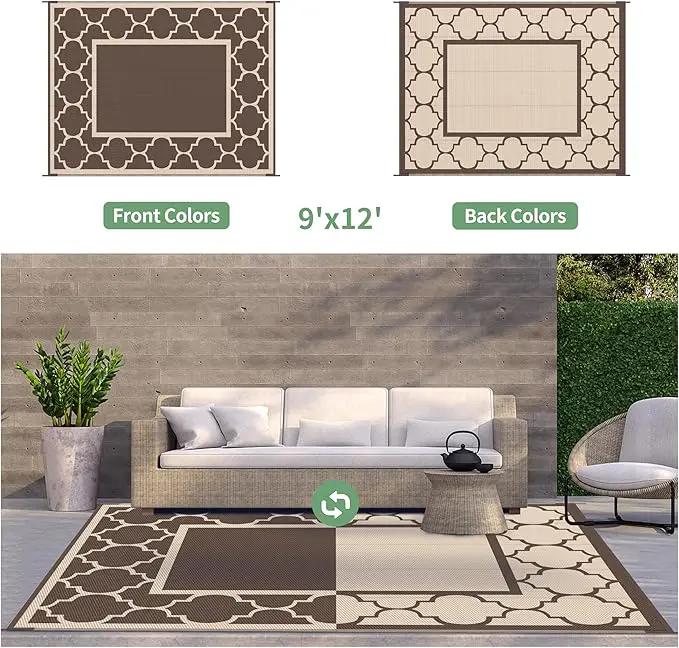 GENIMO 9' x 12' Outdoor Rug Waterproof for Patio Decor, Foldable Reversible Plastic Straw Area Rugs Mat for Camper, Outside Carpet for Rv, Deck, Porch, Picnic, Beach, Balcony, Coffee & Beige by GreenHaven Gardens