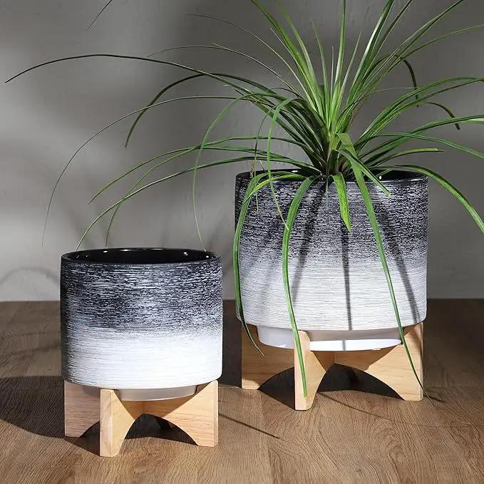 Sagebook Home 8" Planter on Stand - Ceramic Planter on Wooden Base - Contemporary Gray and White Textured Design Indoor or Outdoor Plant Stand Decor by GreenHaven Gardens