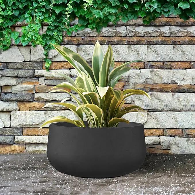Kante 11.8" Dia Round Concrete Planter, Cement Plant Pots with Drainage Hole and Rubber Plug for Outdoor Indoor Garden Home, Modern Curvaceous Design, Black by GreenHaven Gardens