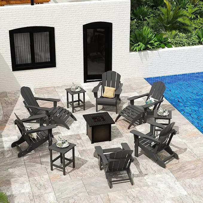WO Home Furniture Adirondack Chair Table Set of 2 PCS Outdoor Folding Chair w Side Table Weather/UV Resistant for Lawn, Garden, Bon Fire, Balcony (Grey) by GreenHaven Gardens