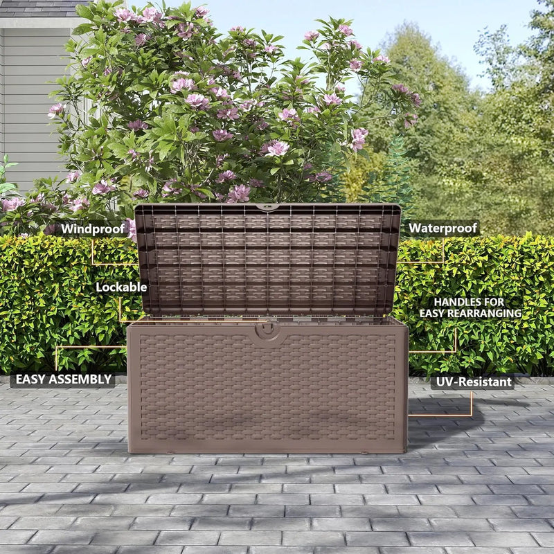 Upgrade 80 Gallon Waterproof Large Resin Deck Box Indoor/Outdoor Lockable Storage Container and Seating for Garden, Pool, and Patio (80 Pro Gallon, Brown) by GreenHaven Gardens