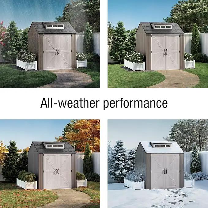Rubbermaid Large Resin Outdoor Storage Shed With Floor (7 x 7 Ft.), Weather Resistant, Brown, Organization for Home/Lawn Mower/Backyard Equipment/Bike Storage/Pool Supplies by GreenHaven Gardens